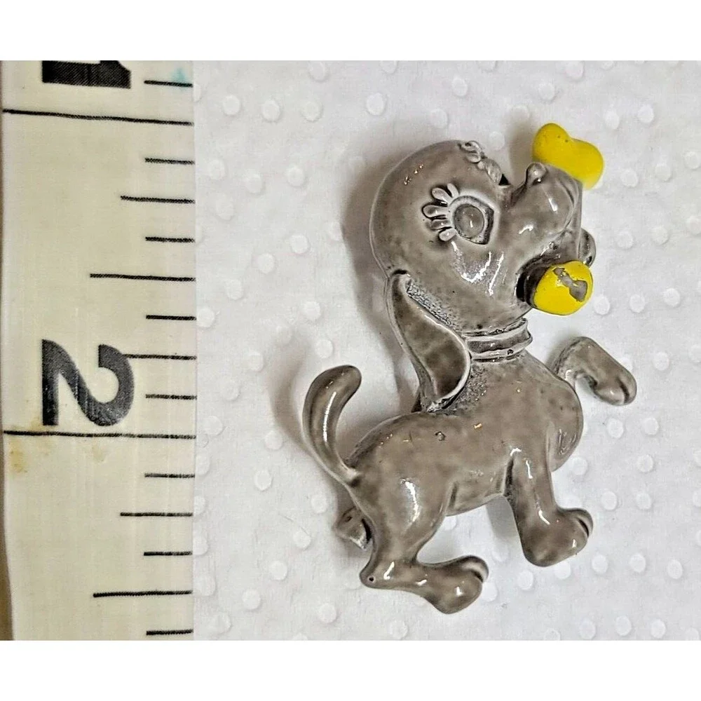 Vintage Dog w/ Bone Puppy Gray Yellow Enamel Metal Pin Brooch